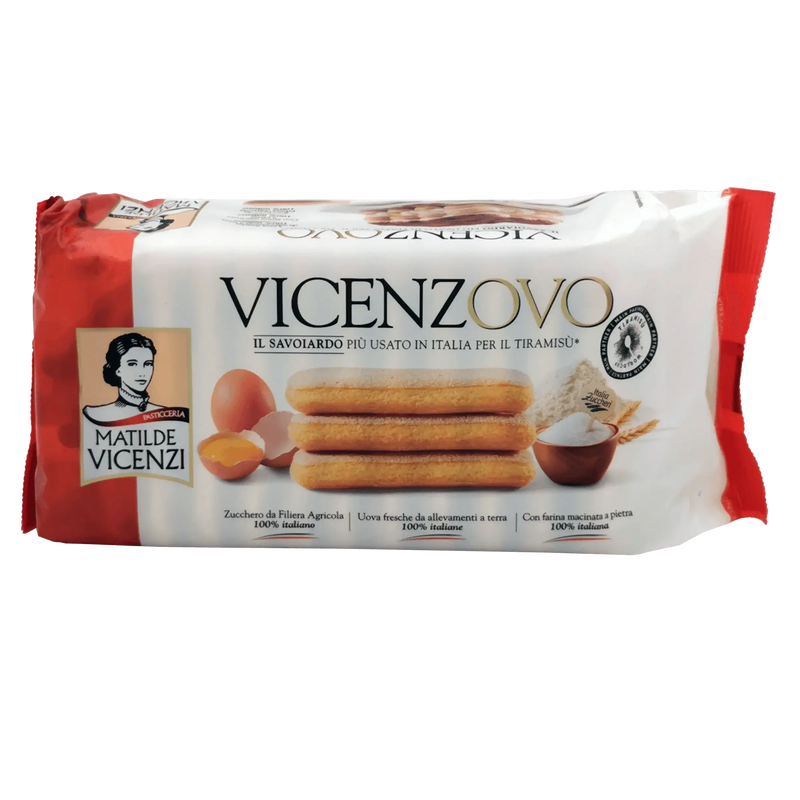 Emballage des biscuits cuillère italiens Matilde Vicenzi Vicenzovo, mettant en valeur la tradition culinaire italienne dans un paquet de 300 g.