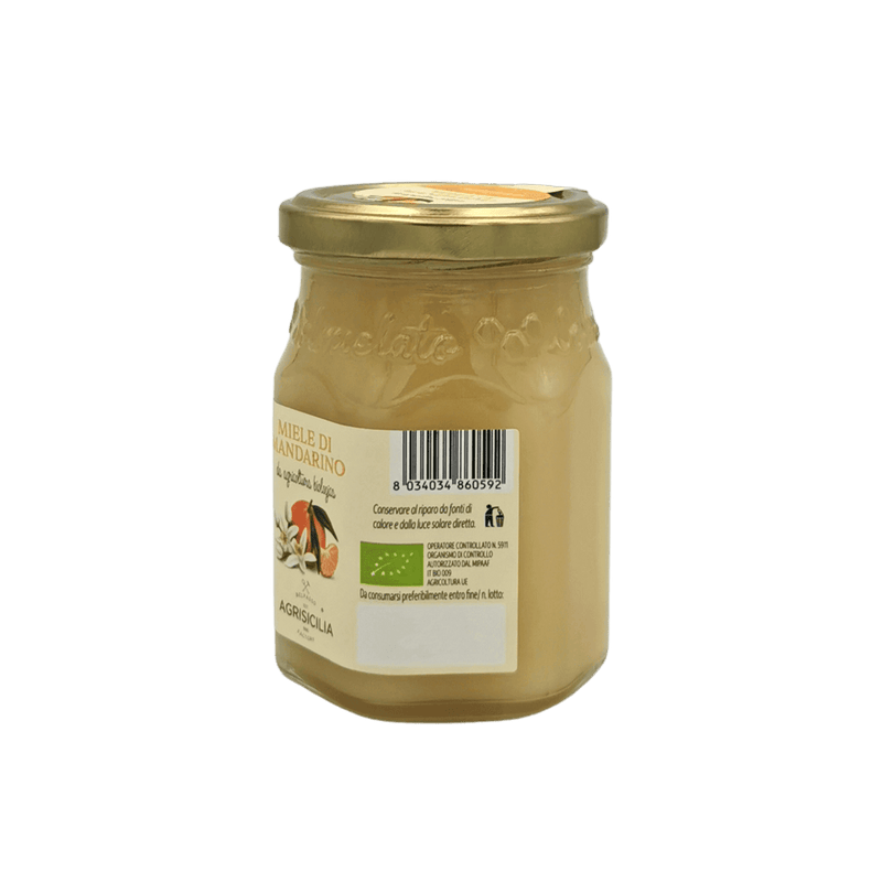 Pot de miel biologique de mandarine de 300g Agrisicilia, produit naturel et artisanal.