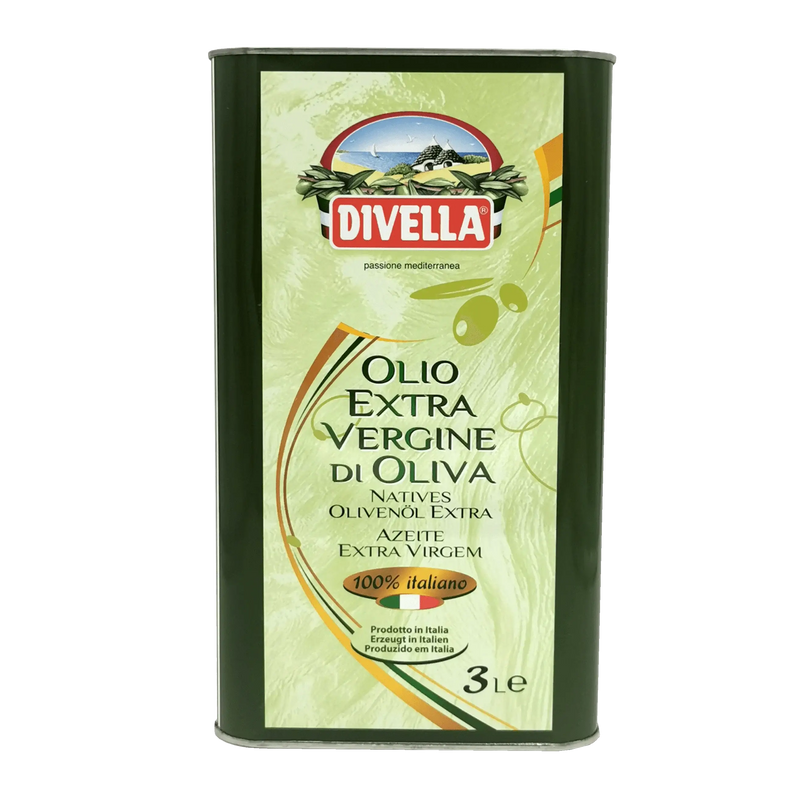 Bidon de 3L d'huile d’olive italienne Divella extra vierge 100% italienne, pour une saveur méditerranéenne authentique.