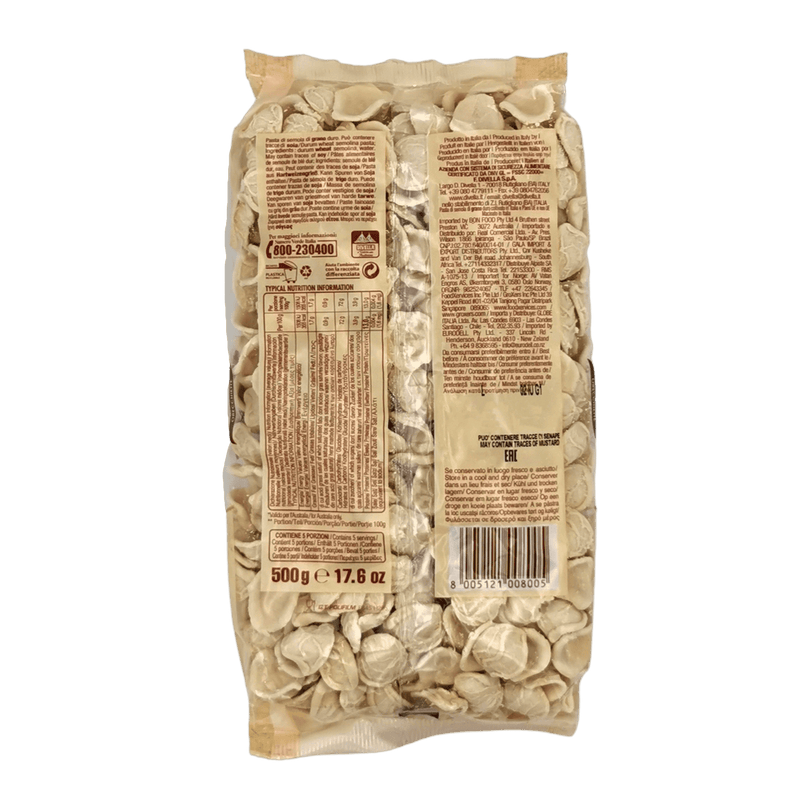 Orecchiette Divella en gros plan - Vue arrière du paquet 500g