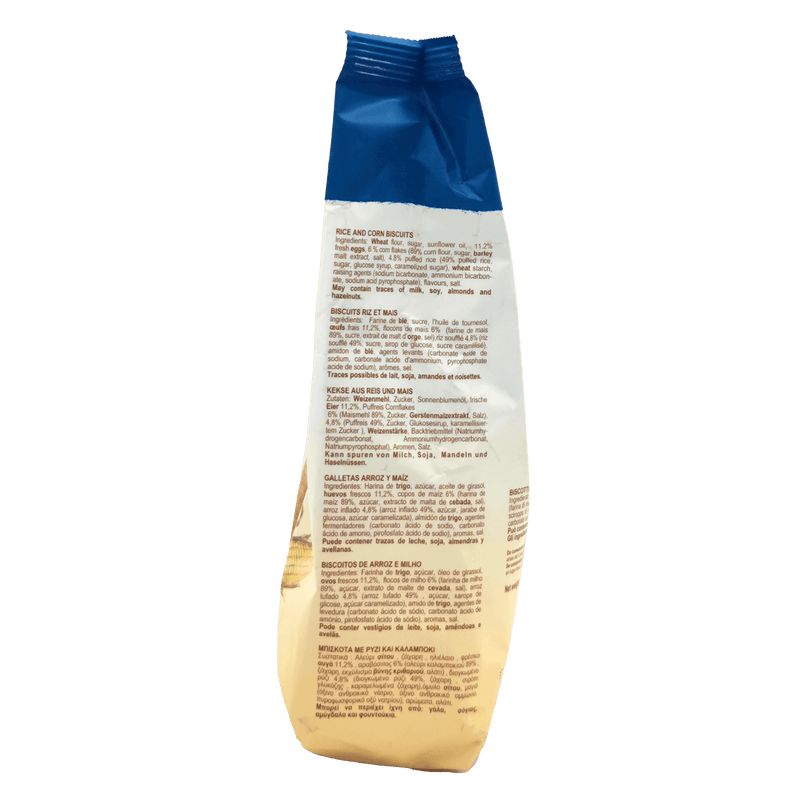 Vue latérale de l’emballage du Biscuits Riz Soufflé et Maïs Divella 400g avec les ingrédients et les informations nutritionnelles.