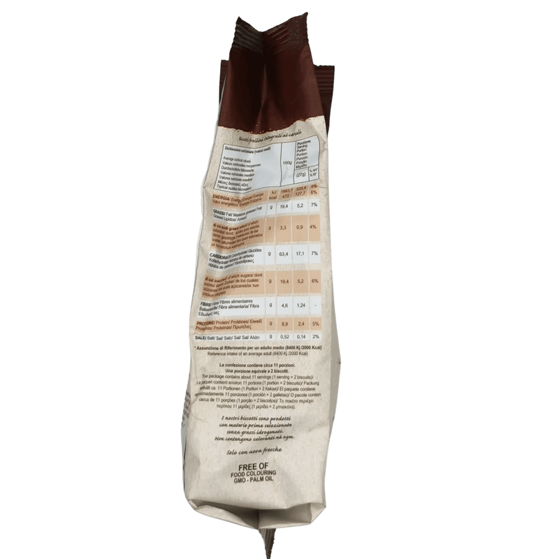 Détail de l'emballage arrière des Biscuits Divella 7 céréales, affichant les informations nutritionnelles et ingrédients.