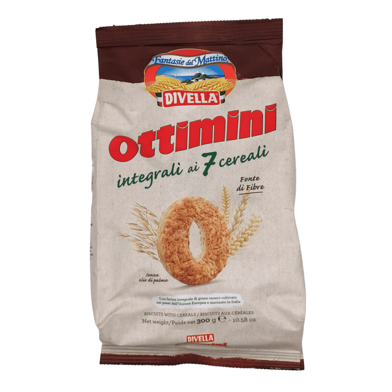 Biscuits Divella 7 céréales 300 g dans un emballage attrayant avec un design italien.