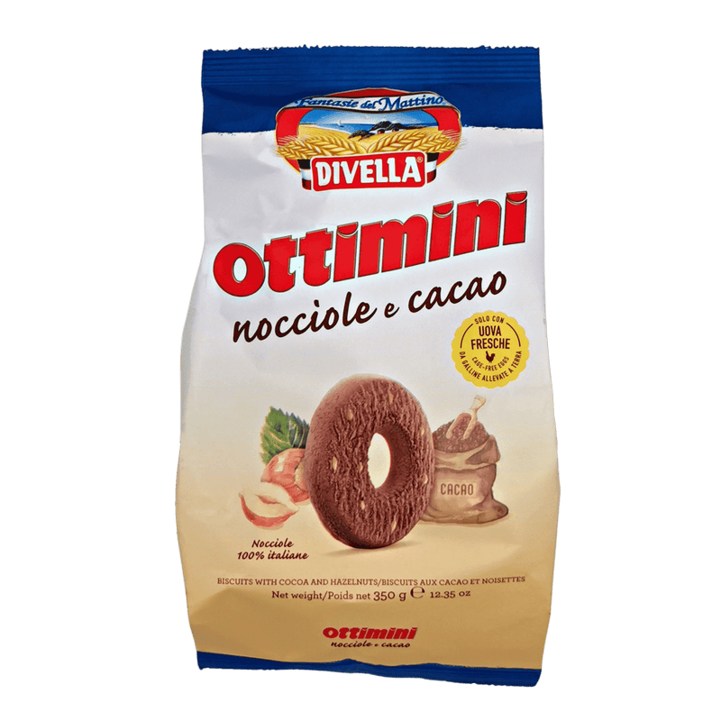 Emballage des biscuits chocolat noisette Ottimini Divella 350 g avec arôme de noisette et de cacao.