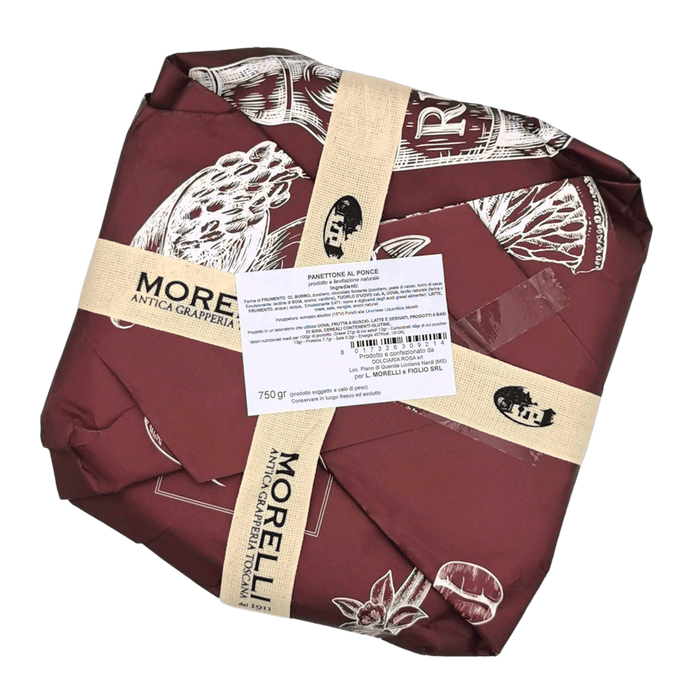 Image arrière du panettone artisanal au punch Morelli, montrant l'étiquette avec les informations nutritionnelles et les ingrédients.