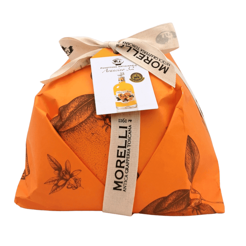 Panettone artisanal emballé dans un packaging orange, avec la liqueur Arancino 32° de Morelli, incluant le mot-clé principal : panettone liqueur.