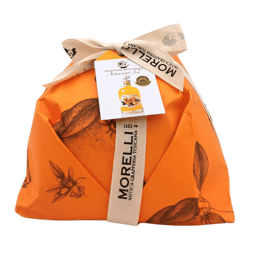 Panettone artisanal emballé dans un packaging orange, avec la liqueur Arancino 32° de Morelli, incluant le mot-clé principal : panettone liqueur.