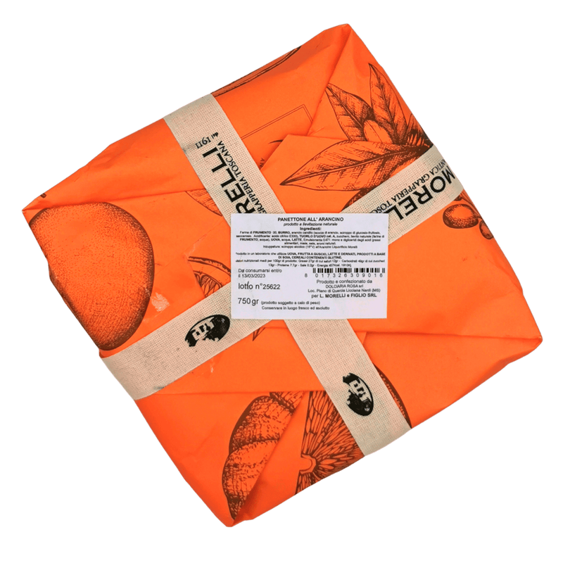 Panettone artisanal à la liqueur Arancino 32° avec liqueur à l’orange de Morelli, emballage orange, 750 g – délicieux produit italien.