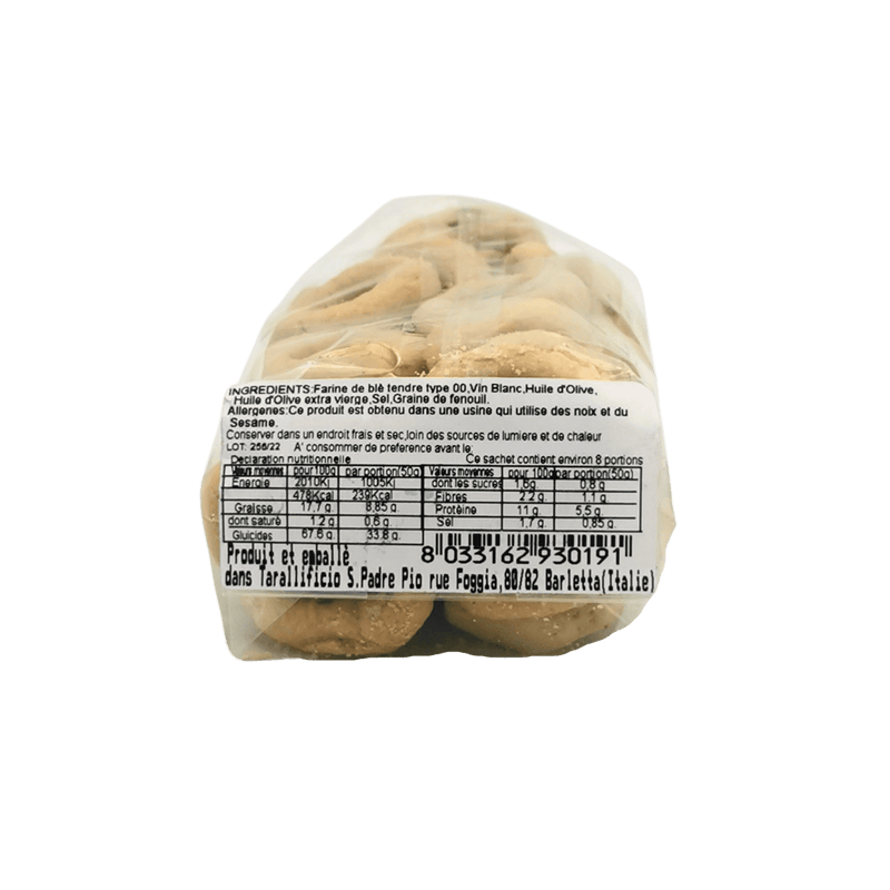 Paquet de 250 g de Taralli sans levure San Padre Pio, croquants et savoureux, parfaits pour l’apéritif.