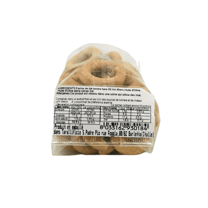 Vue arrière du paquet de Taralli sans levure San Padre Pio 250 g, présentant les ingrédients et les informations nutritionnelles.