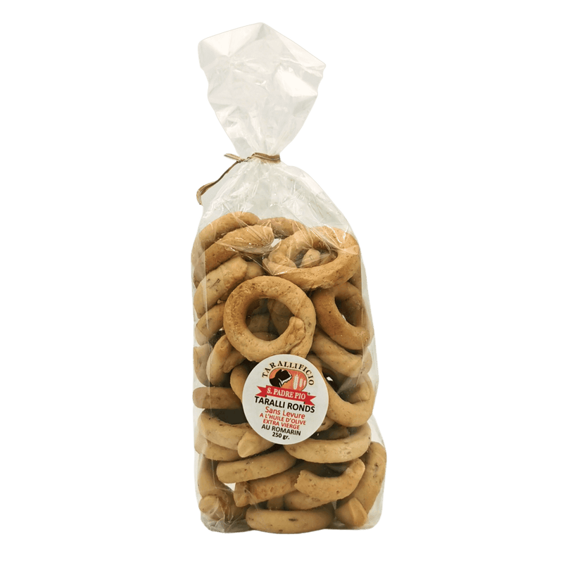Taralli sans levure San Padre Pio 250 g, spécialité italienne artisanale à la texture légère et dorée.