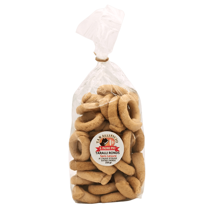 Taralli sans levure San Padre Pio 250 g, délicieux biscuits salés italiens artisanaux en emballage transparent.