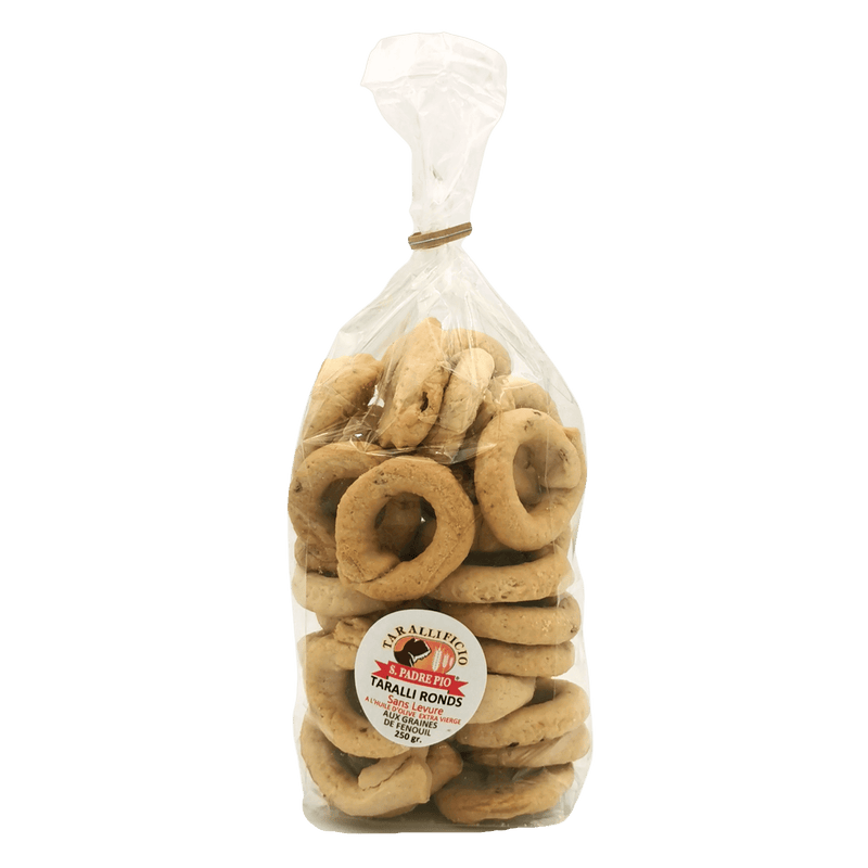 Taralli sans levure San Padre Pio 250 g, authentique snack italien au goût traditionnel.