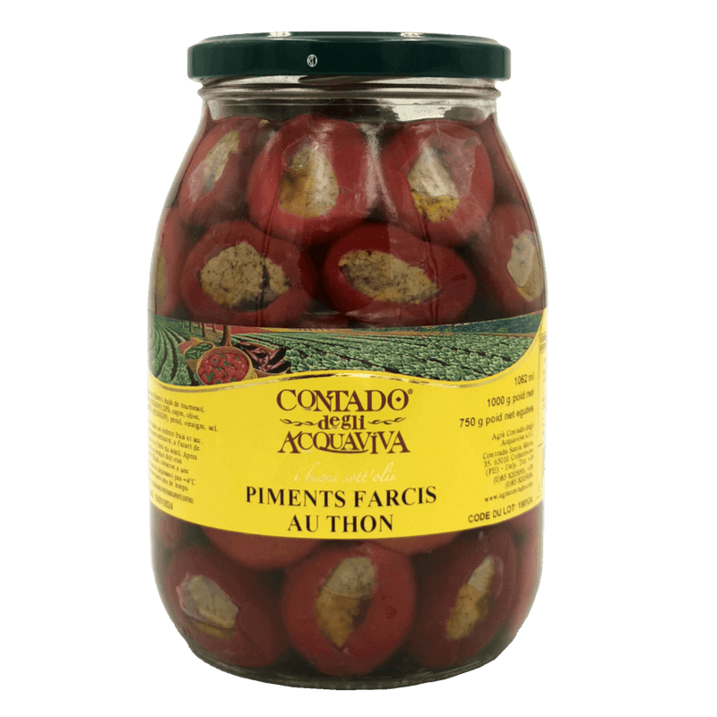 Peperoncini Farcis au Thon Contado degli Acquaviva 1kg – Bocaux de piments farcis, thon, câpres et olives visibles