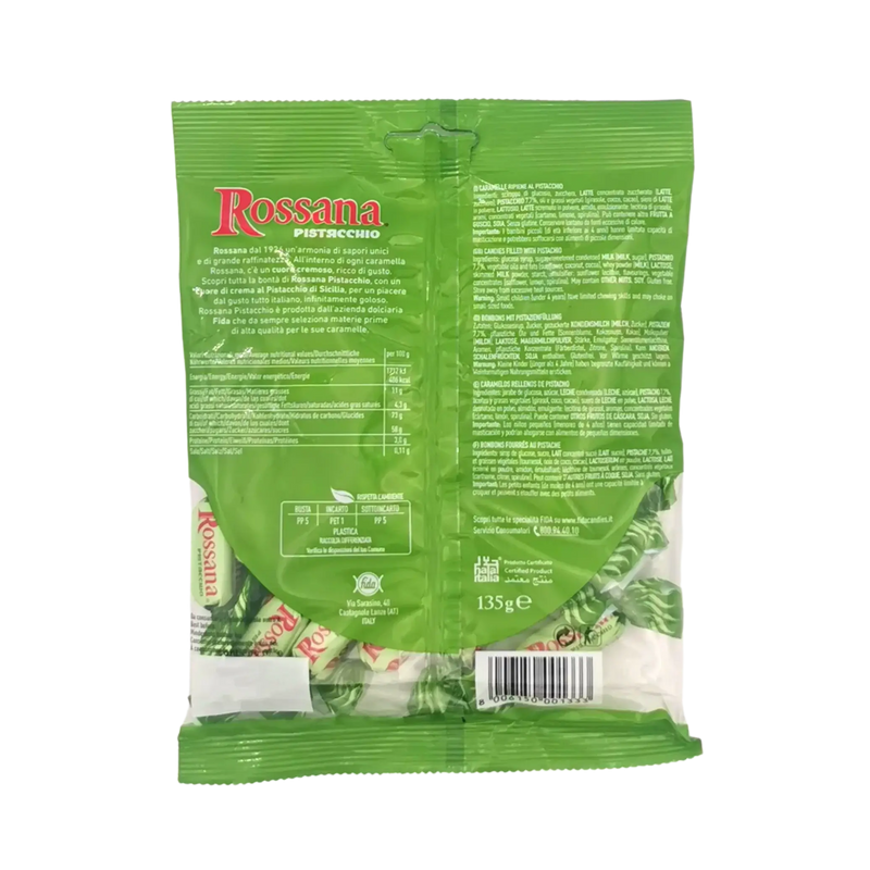 Emballage des bonbons Rossana Pistacchio, bonbons fourrés au pistache sans gluten, 135 g.