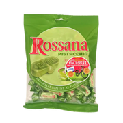Emballage des bonbons Rossana Pistacchio montrant des bonbons italiens fourrés au pistache, sans gluten. Titre du produit : Bonbons Rossana Pistacchio.