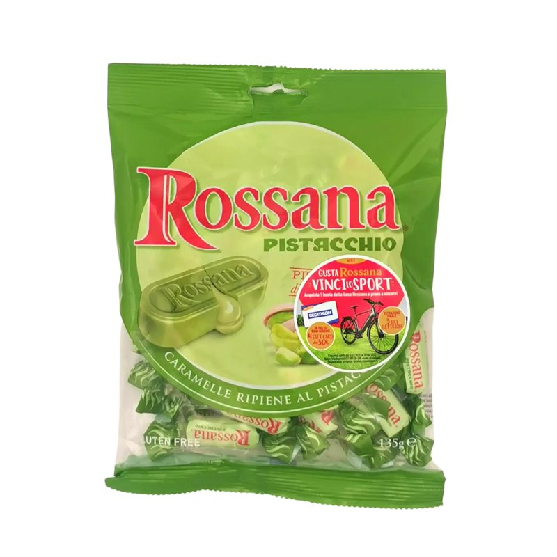 Emballage des bonbons Rossana Pistacchio montrant des bonbons italiens fourrés au pistache, sans gluten. Titre du produit : Bonbons Rossana Pistacchio.