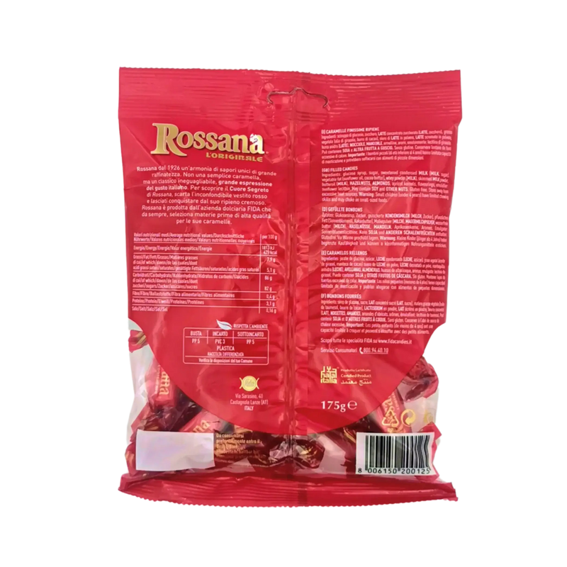 Emballage des bonbons Rossana Noisette Amande, 175 g, montrant le verso avec les informations nutritionnelles et la marque.