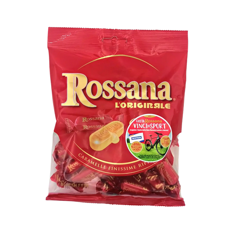 Paquet de bonbons Rossana L'Originale sans gluten aux noisettes et aux amandes, 175 g, avec un emballage rouge vif.