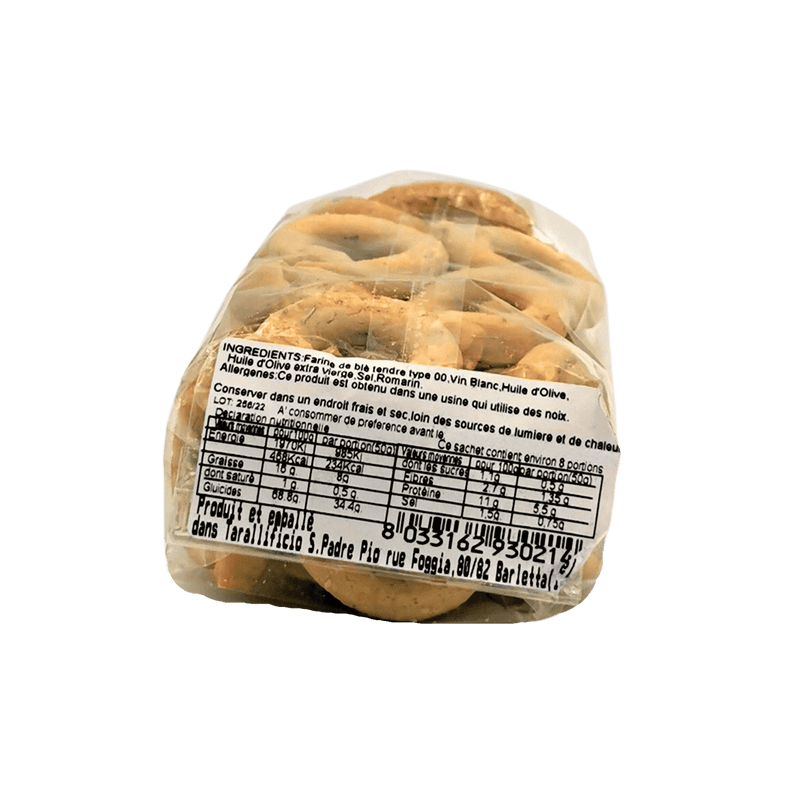 Taralli sans levure San Padre Pio 250 g, crackers italiens artisanaux croustillants et authentiques, présentés dans un emballage transparent.