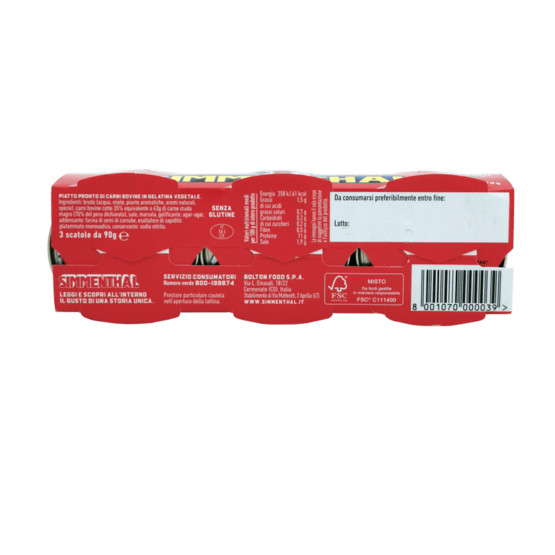 Emballage arrière du Corned beef Simmenthal 270 g, présentant les informations nutritionnelles et les ingrédients de ce délicieux Corned beef Simmenthal.