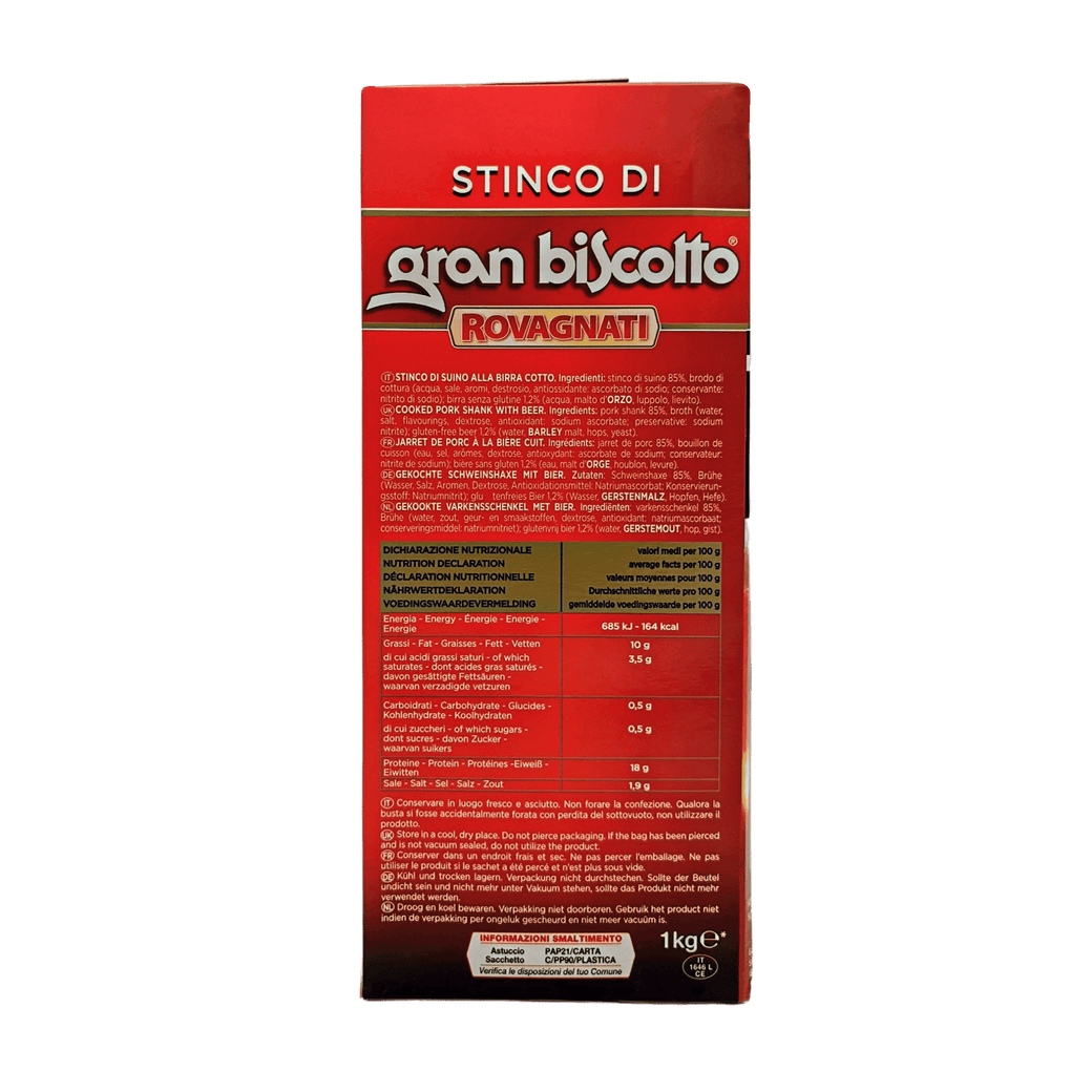 Ingrediënten van de varkensschouder Gran Biscotto Rovagnati met bier, complete lijst en allergenen.