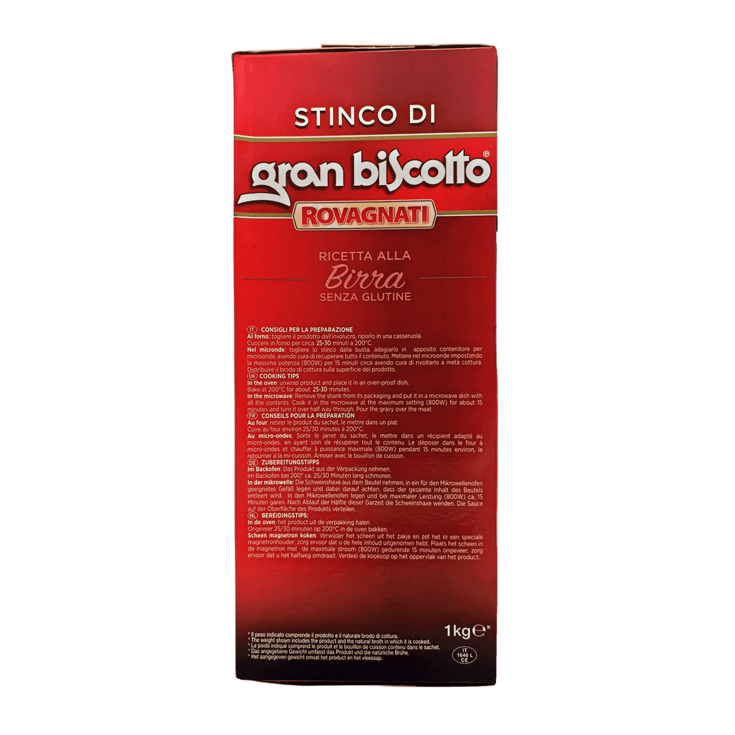 Achterkant van de varkensschouder Gran Biscotto Rovagnati, ingrediënteninformatie en bereiding.
