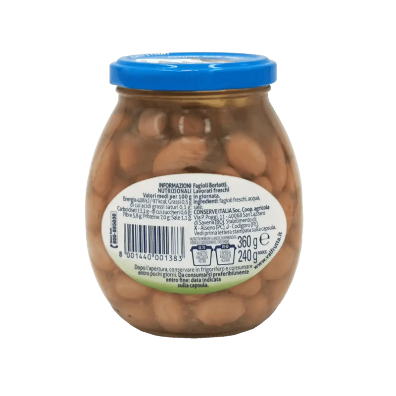 Bocal de Haricots Borlotti Valfrutta 360g avec étiquette nutritive visible.
