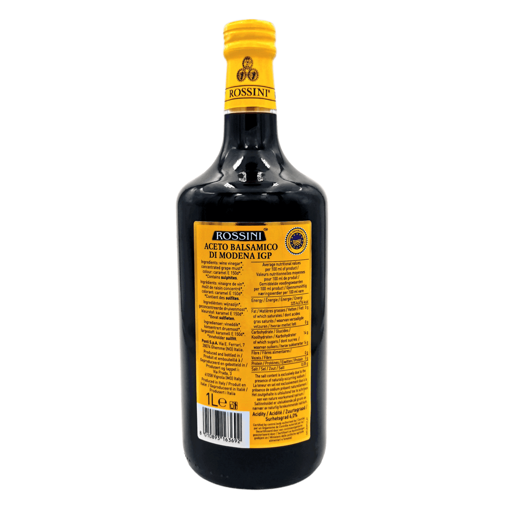 Back label of the Rossini I.G.P. 1L balsamic vinegar, with composition, nutritional information, and Italian origin.
