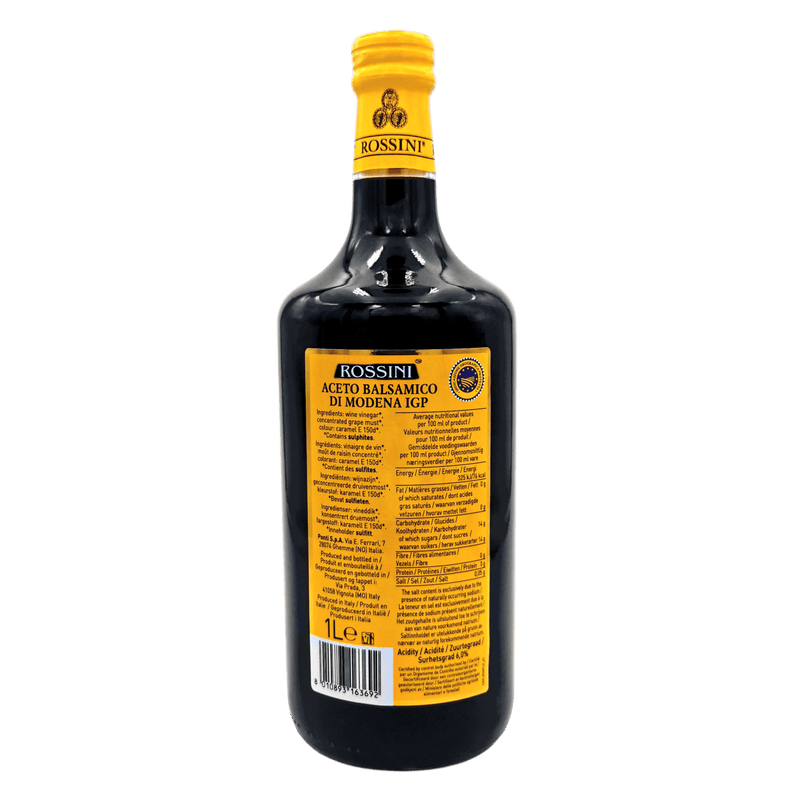 Étiquette arrière du vinaigre balsamique Rossini I.G.P. 1L, avec composition, informations nutritionnelles et origine italienne.