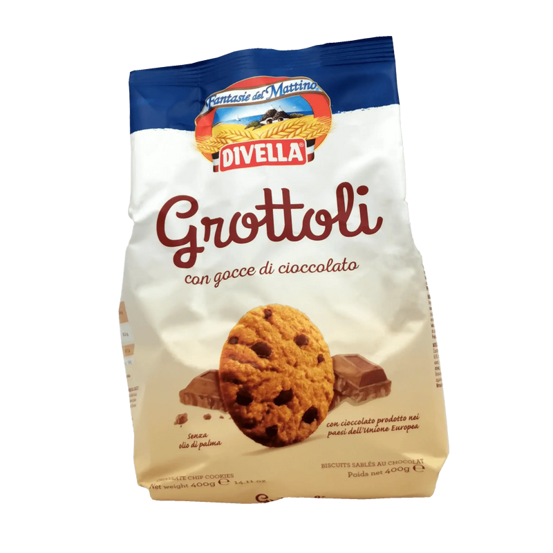 Biscuits Italiens aux Pépites de Chocolats Divella 400g, délicieux biscuits Grottoli avec des pépites de chocolat.