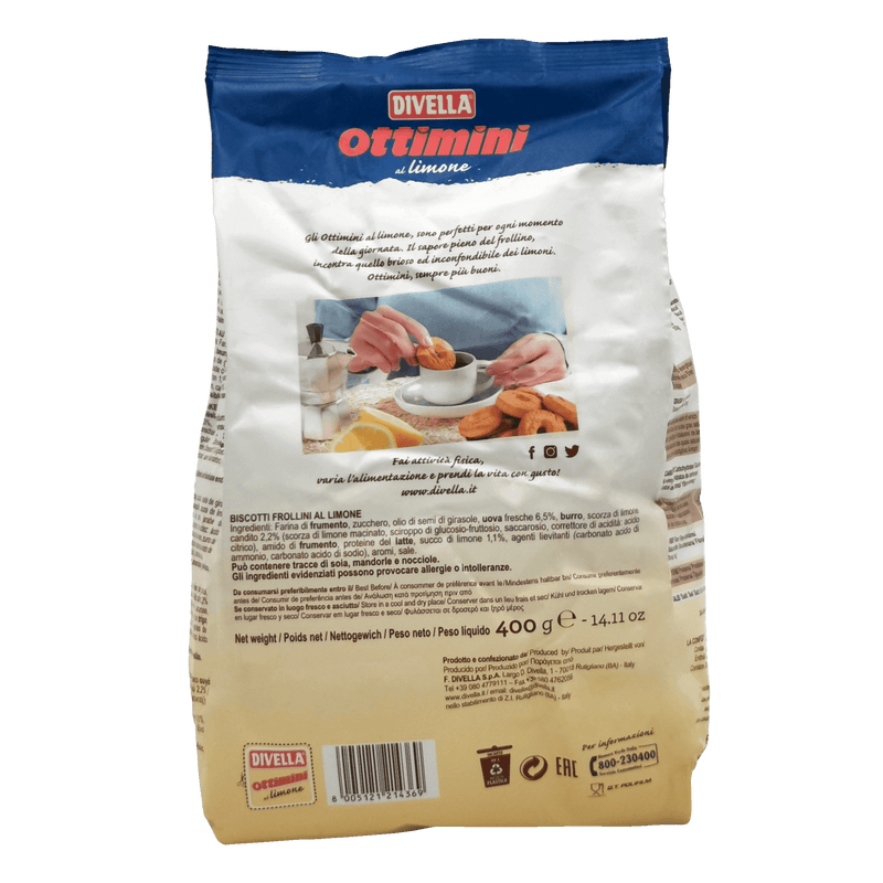 Paquet de 400g de biscuits Divella Citron contenant des biscuits au citron, idéaux pour les pauses-café ou les goûters.