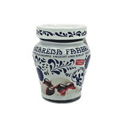Bocal de Cerises Amarena Fabbri 230 g, au design floral bleu, cerises italiennes authentiques au sirop, sans gluten.