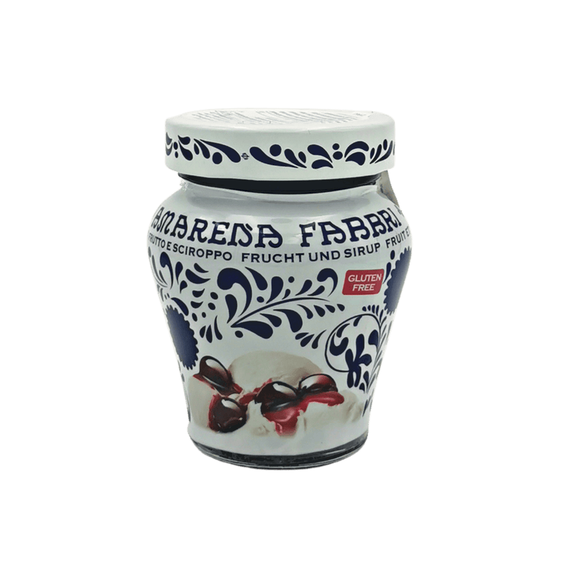 Bocal de Cerises Amarena Fabbri 230 g, au design floral bleu, cerises italiennes authentiques au sirop, sans gluten.