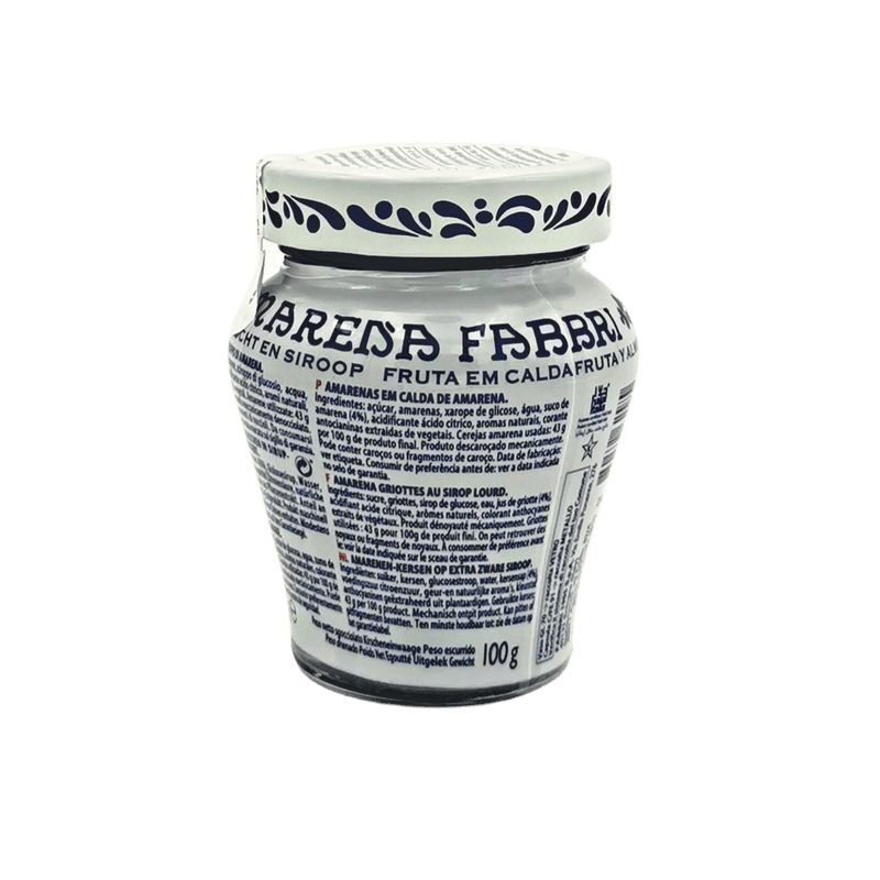Cerises Amarena Fabbri 230 g, cerises italiennes au sirop aux arômes naturels, présentées dans un pot élégant et coloré.