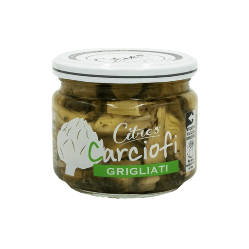 Pot de 230g d'artichauts grillés Citres en huile de tournesol, idéal pour antipasti.