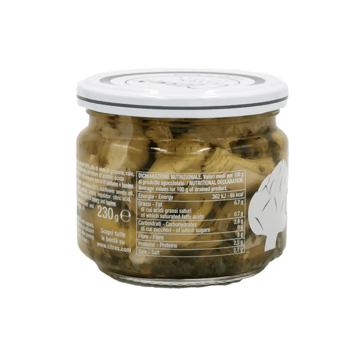 Valeurs nutritionnelles des artichauts grillés Citres 230g, produit italien.