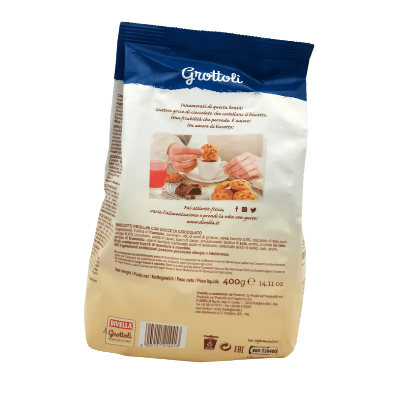Biscuits Italiens aux Pépites de Chocolats Divella 400g, sachet vu de dos avec informations et recettes.