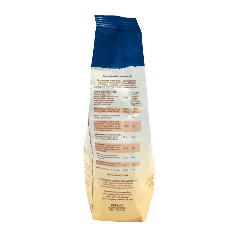 Vue latérale de l’emballage du Biscuits Riz Soufflé et Maïs Divella 400g avec les ingrédients et les informations nutritionnelles.