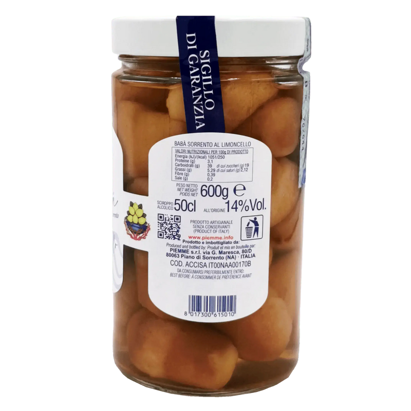 Bocal de Baba au Limoncello Piemme 600 g, authentique dessert italien aux saveurs de la côte amalfitaine.