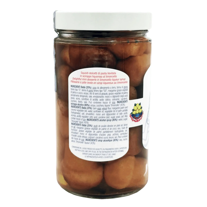 Baba au Limoncello de Sorrente Piemme 600 g, dessert italien traditionnel avec étiquette et ingrédients visibles.