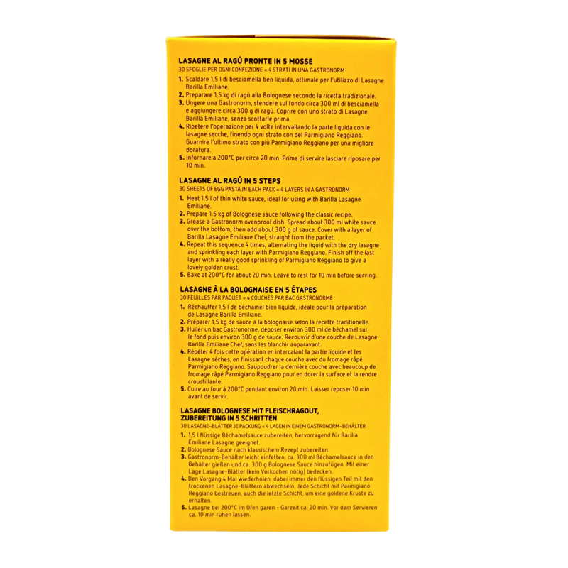 Instructions de cuisson pour pâte à lasagne Barilla Professionale 500g avec recettes en plusieurs langues.