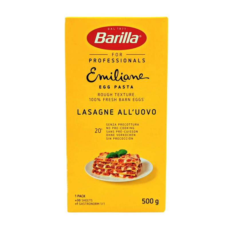 Boîte de pâte à lasagne Barilla Emiliane 500g avec texture rugueuse pour sauces