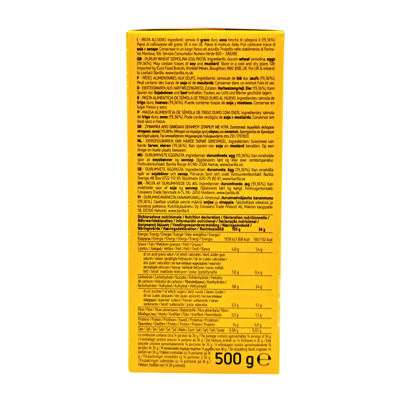 Emballage de pâte à lasagne Barilla Professionale 500g, parfait pour sauces, avec œufs frais et blé sélectionné. Code-barres visible.