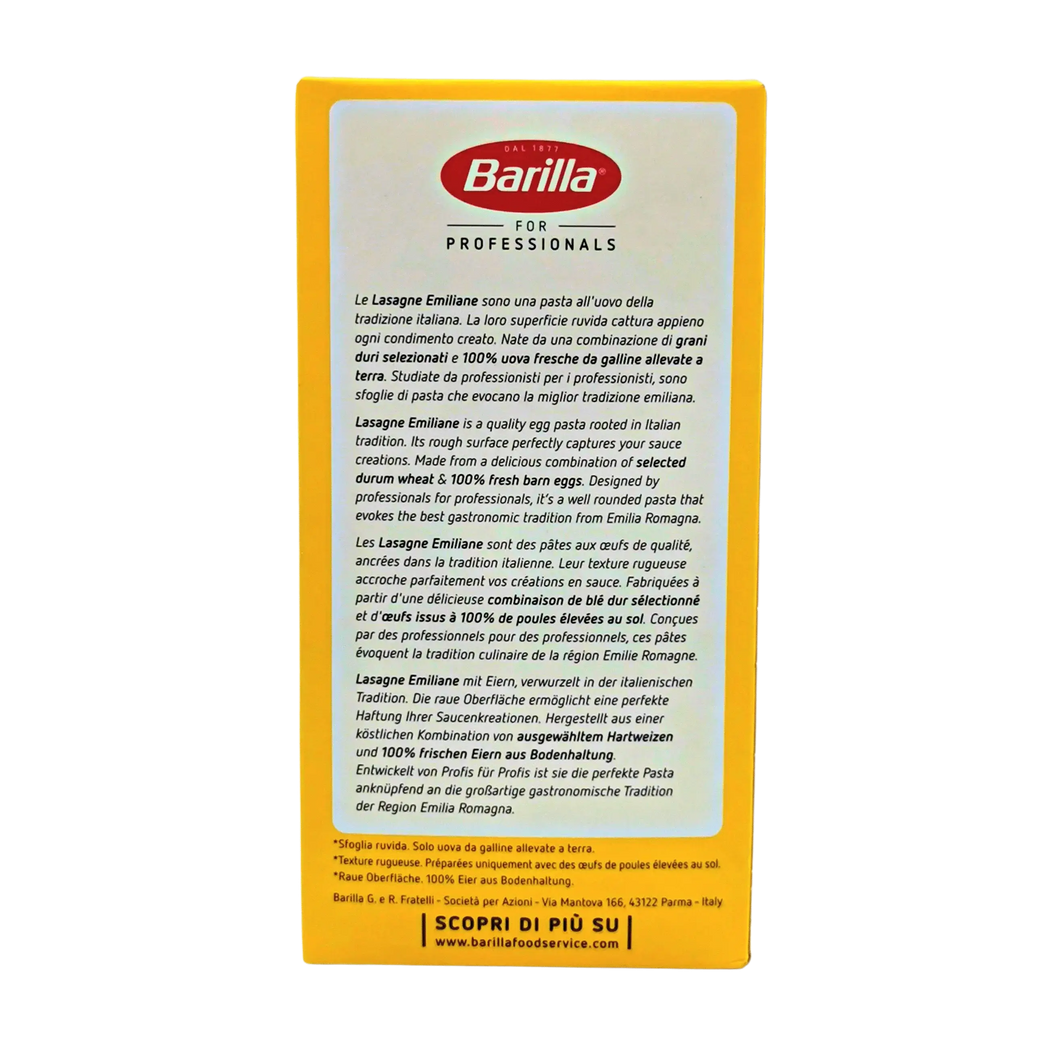 Packaging of Barilla Professionale lasagna pasta 500g for sauces and gratins.