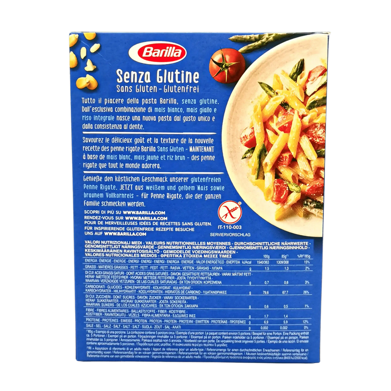 Penne Rigate sans gluten Barilla à base de maïs et riz - 400g, emballage face arrière avec informations nutritionnelles.