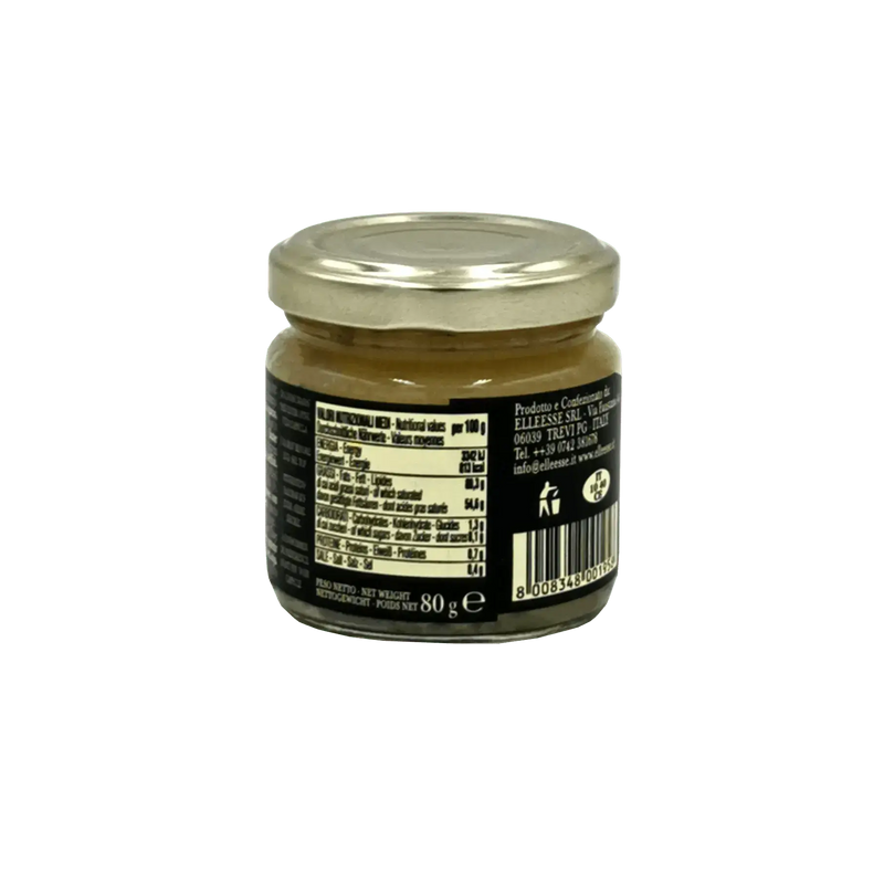 Pot de beurre de truffe blanche ElleEsse, avec étiquette détaillée, révélant toute la richesse aromatique de la truffe blanche.