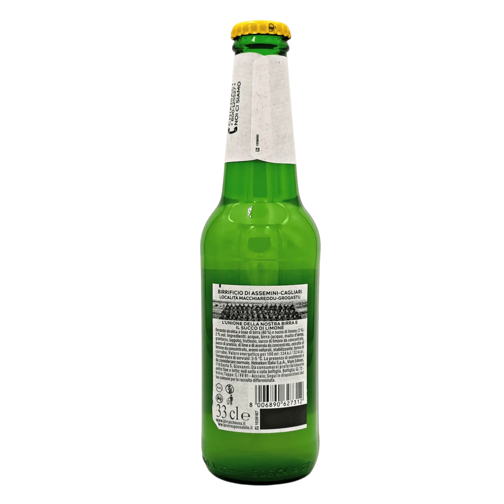 Fles citroenbier Ichnusa Limone 33cl, verfrissende Italiaanse radler met zichtbare achterkantetiket.