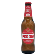 Bière Peroni 33cl en gros plan – bouteille en verre dorée avec étiquette italienne