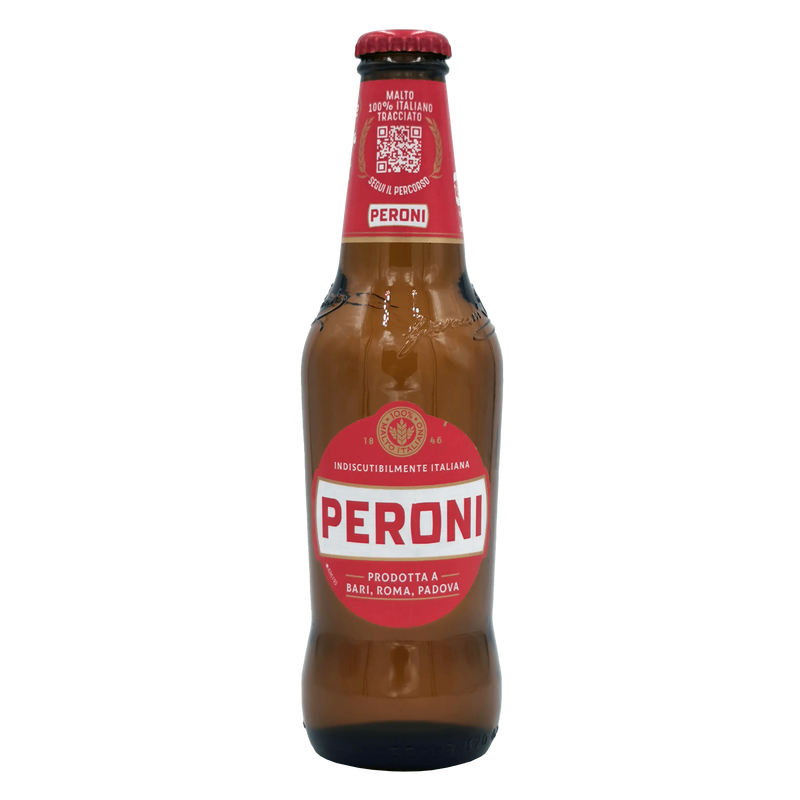 Bière Peroni 33cl en gros plan – bouteille en verre dorée avec étiquette italienne